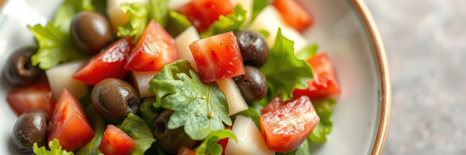 Fresh vegetable salad with tomatoes, olives, and lettuce served in a bowl